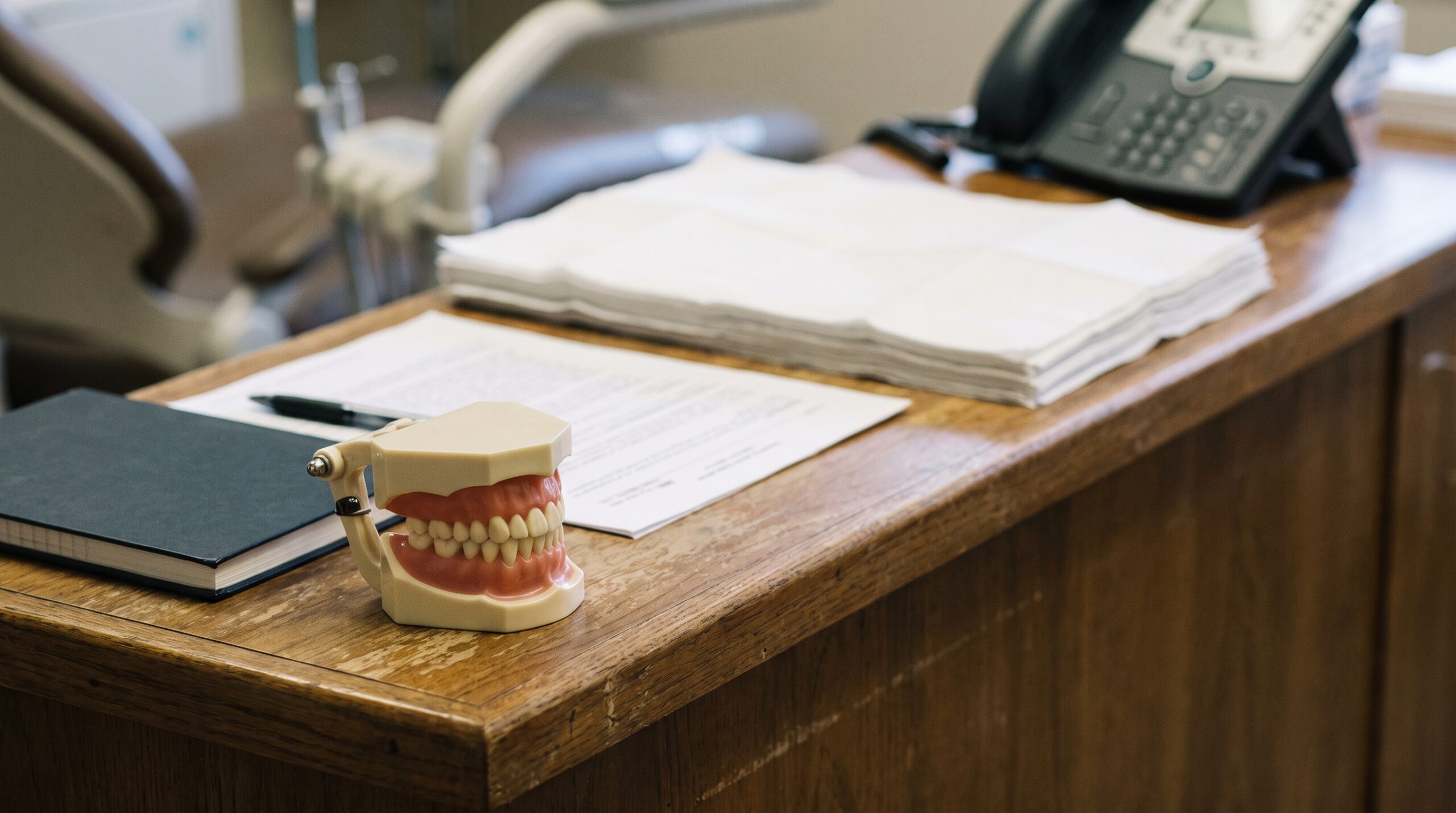 Dental practice financial records on a desk