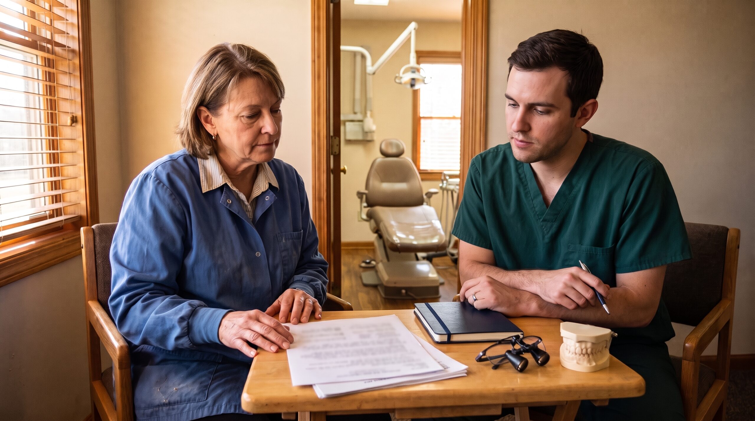 Dentist reviewing practice documents