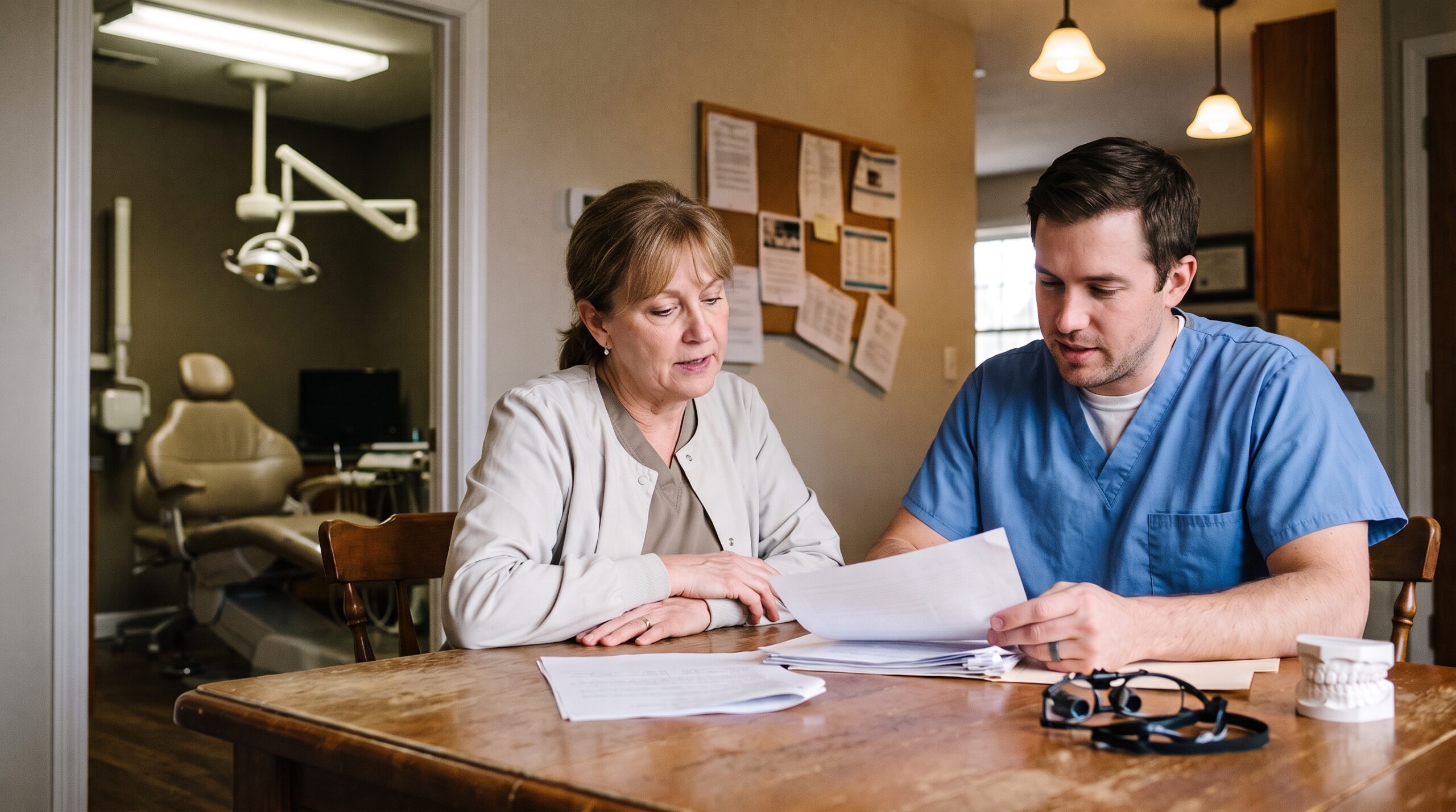 Dentist reviewing practice documents