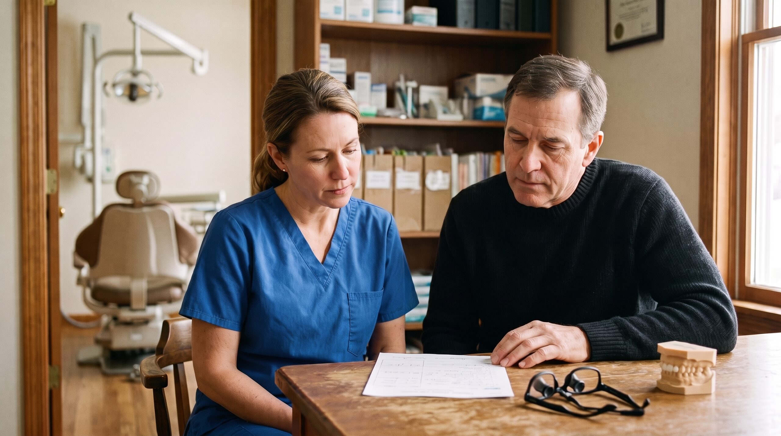 Dentist reviewing practice documents