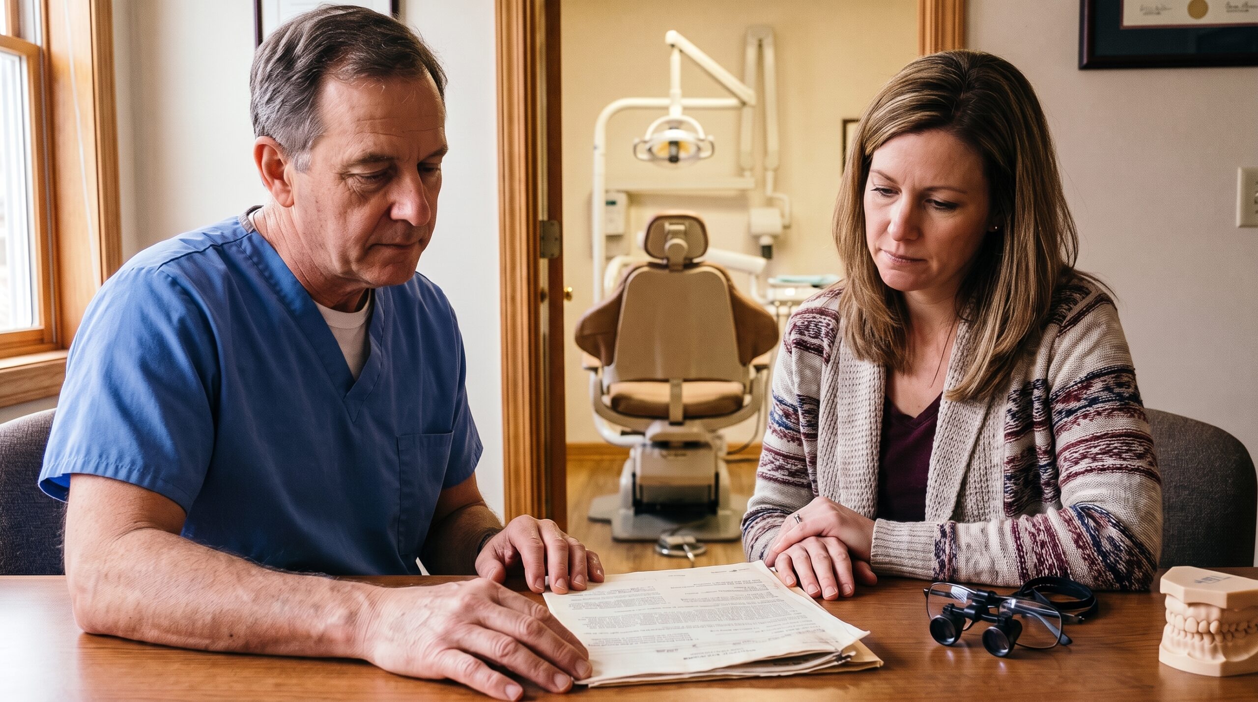 Dentist reviewing practice documents