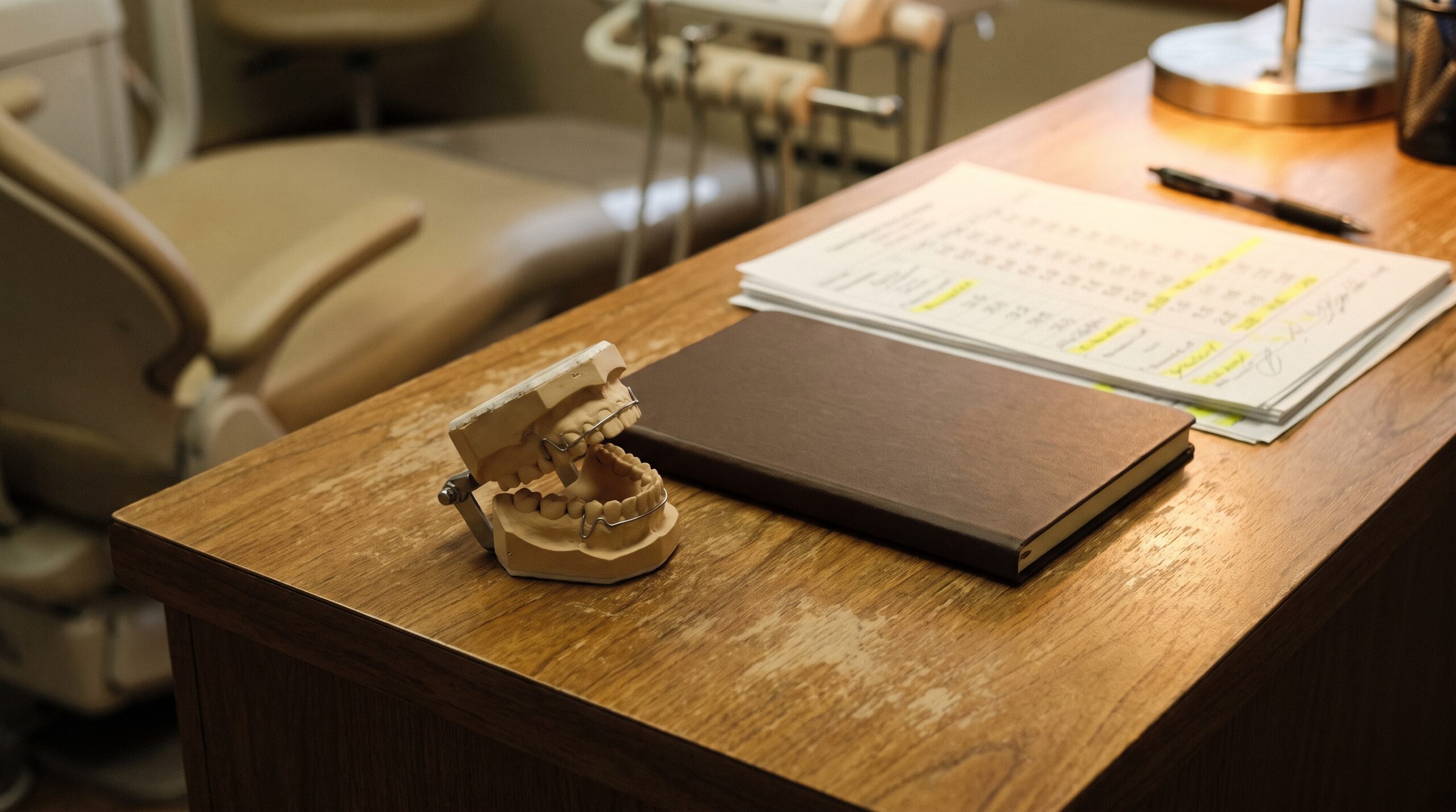 Dental practice financial records on a desk