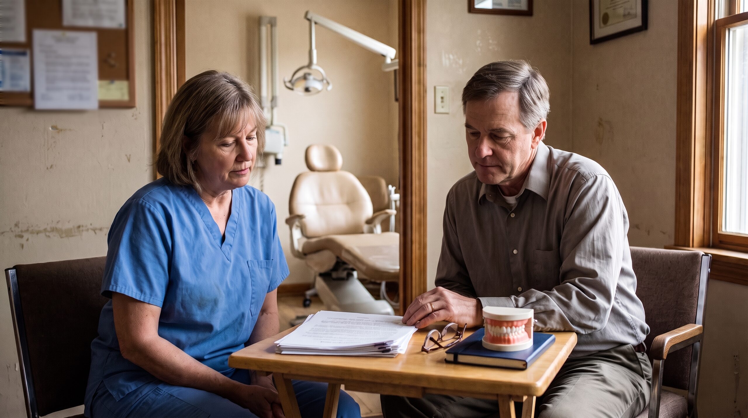 Dentist reviewing practice documents