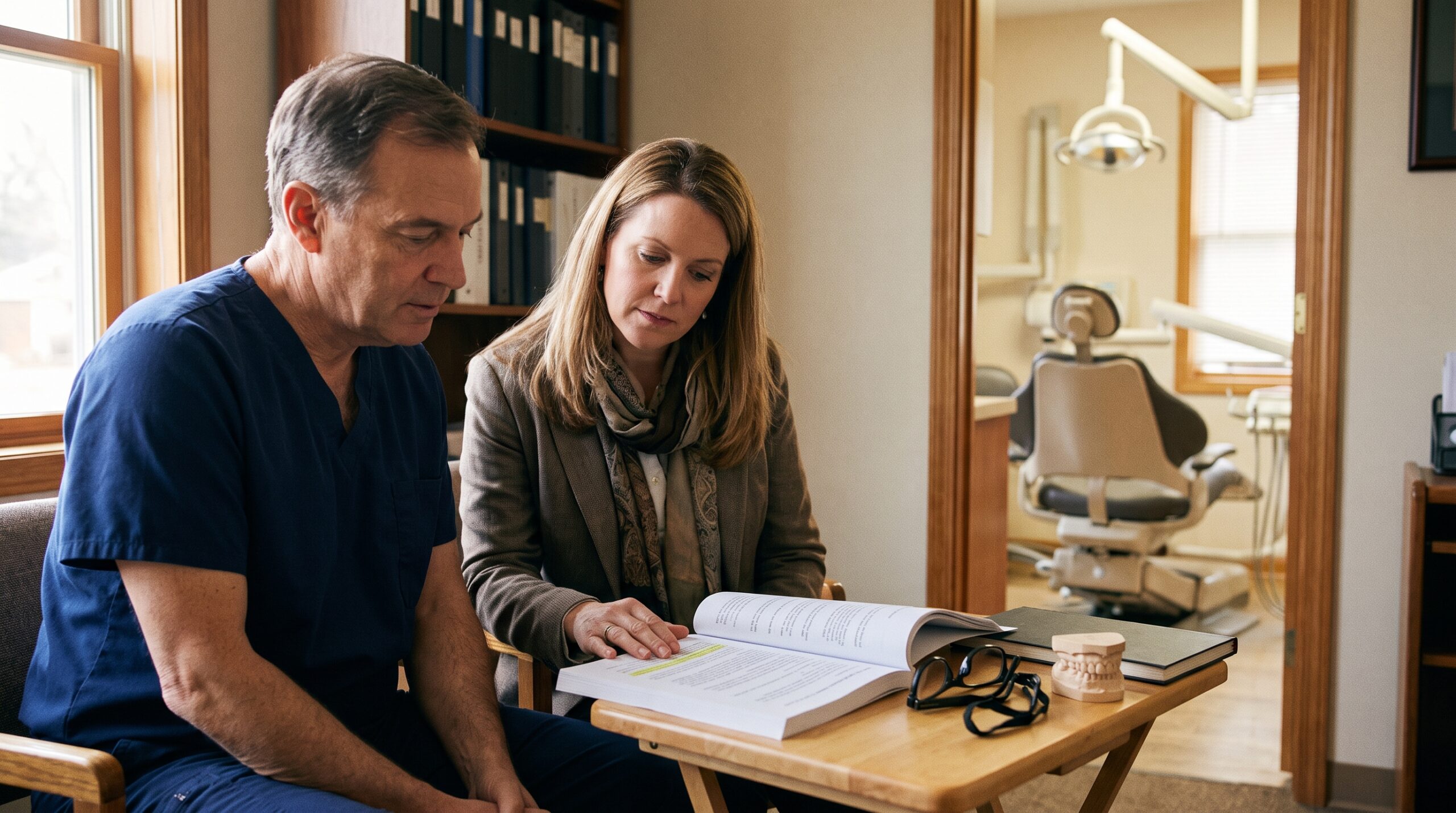 Dentist reviewing practice documents