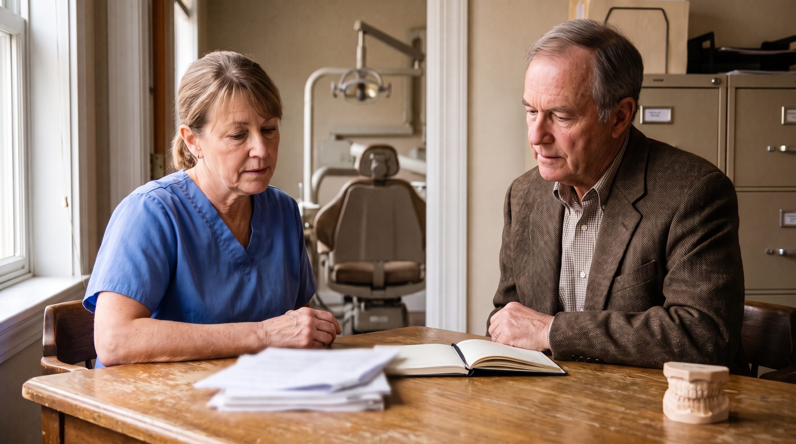Dentist reviewing practice documents